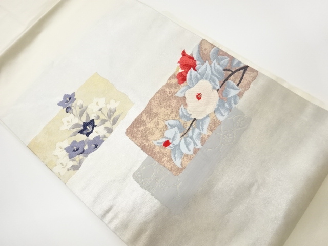 JAPANESE KIMONO / VINTAGE NAGOYA OBI / WOVEN CAMELLIA & BELL FLOWERS